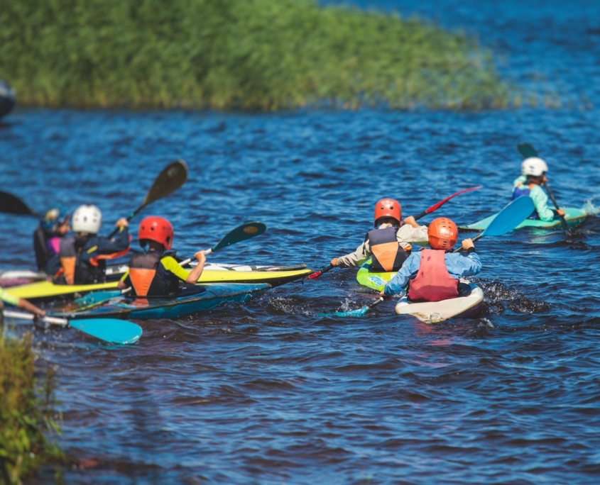 Kids Learn Kayaking, Canoeing Whitewater Training In The Lake River, Children Practicing Paddling, Yound Kayakers In Summer Camp